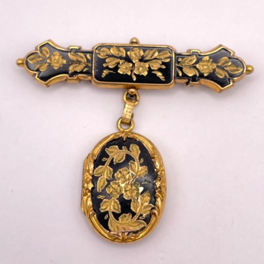 Vintage FM Marked Victorian Mourning Enamel Locket Bar Brooch Black Gold Tone